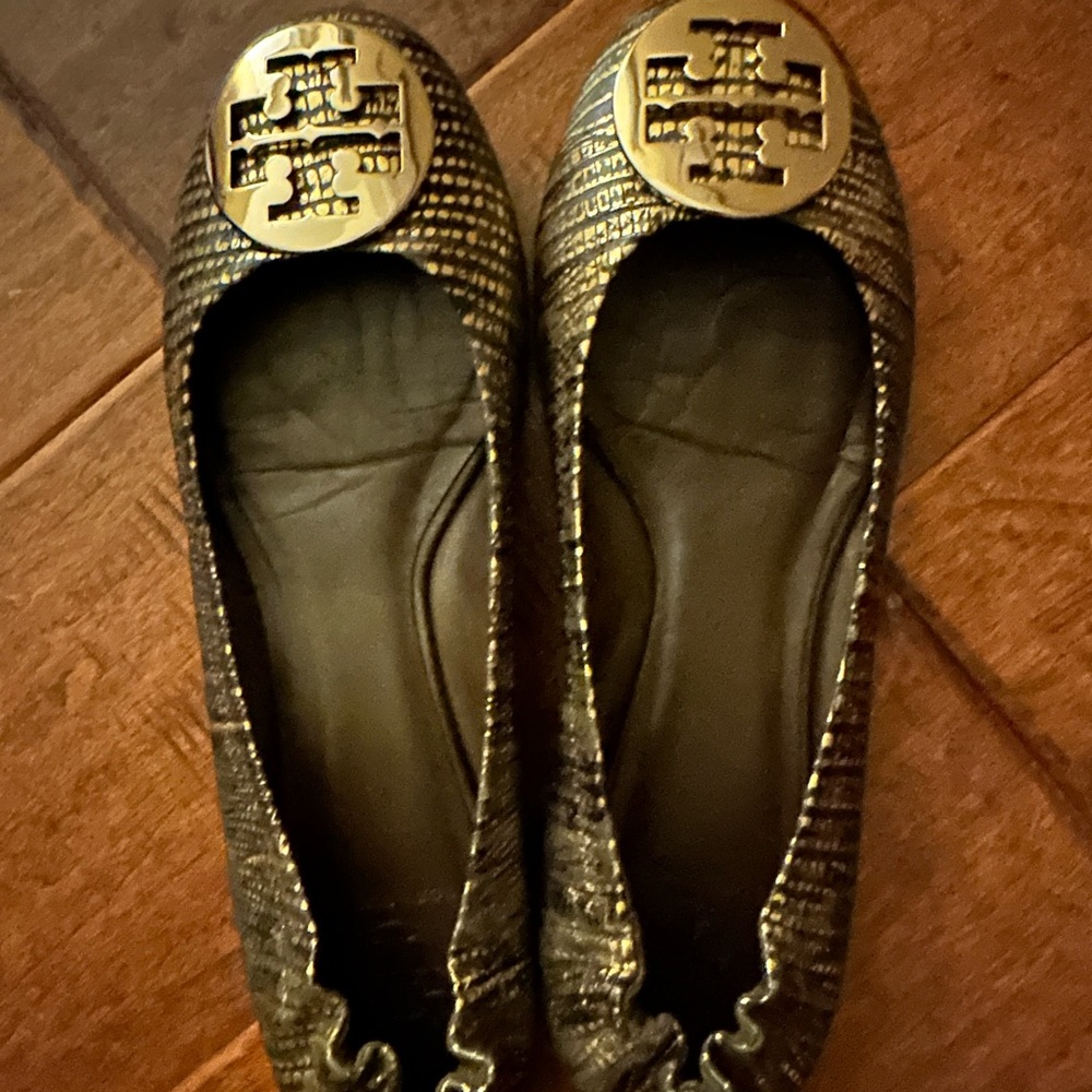 Tory Burch Black and Gold Loafers with Signature Medallion